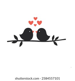 Two small, black birds, positioned side-by-side on a horizontal branch, are facing each other.