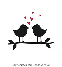 Two small, black birds, positioned side-by-side on a horizontal branch, are facing each other.