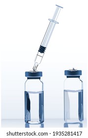 two small bottles of corona virus vaccine injection with a vertical syringe