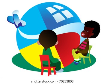 Two small boys sit on chairs in front of a large bright  ball