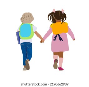 Two small children, boy and girl going to elementary school vector illustration with backpacks. Happy pupils. Back to school concept.