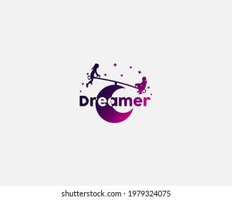 two small children playing on a swing on the moon, can be used as a logo for education, motivation, book covers and others