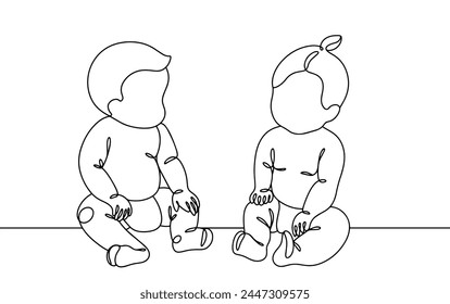 Two small children are sitting in diapers on the floor. The boy and girl learned to sit. Simple vector illustration for different uses.