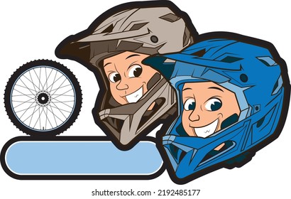 two small children wearing helmets, logo for mountain bike with black outline