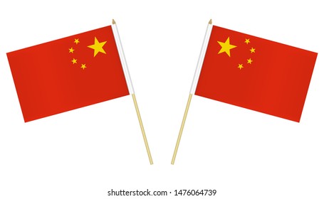 Two small Chinese flags isolated on white background, vector illustration. Flag of China on pole.