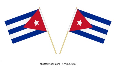 Two small Cuban flags isolated on white background, vector illustration. Flag of Cuba on pole.