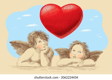 Two small cupids with a red heart on the background of the sky with clouds. Vintage beige card, hand-drawn, vector. Valentine's day card. Old design. Romantic collection.
