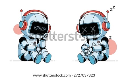 Two small cute robots sitting on the ground with one displaying an error message and the other sleeping peacefully.