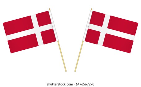 Two small Danish flags isolated on white background, vector illustration. Flag of Denmark on pole.