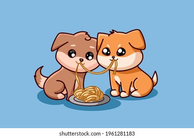 Two small dogs eating dumplings together