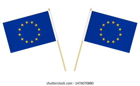 Two small European Union flags isolated on white background, vector illustration. Flag of Europe on pole.