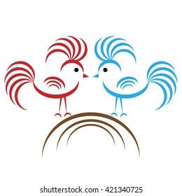 Two small exotic birds. Flat illustration with birds. Logo with two birds. Vector illustration.