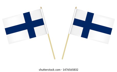 Two small Finnish flags isolated on white background, vector illustration. Flag of Finland on pole.