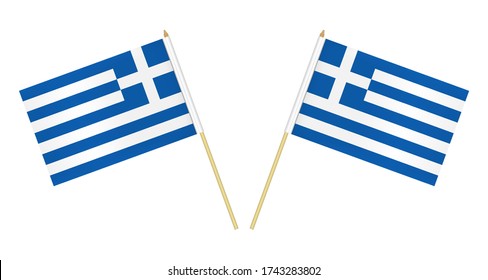 Two small Greek flags isolated on white background, vector illustration. Flag of Greece on pole.