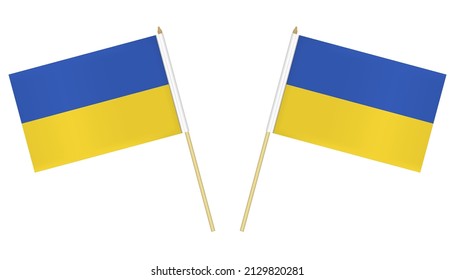Two small hand Ukrainian flags isolated on white background, vector illustration. Flag of Ukraine on pole