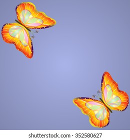 Two small isolated bright tropical butterfly in the corner of the picture on a purple background.