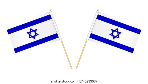 Two small Israeli flags isolated on white background, vector illustration. Flag of Israel on pole.