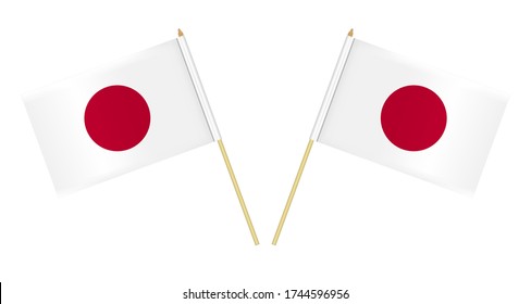 Two small Japanese flags isolated on white background, vector illustration. Flag of Japan on pole.