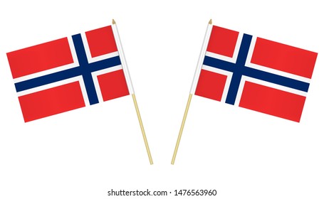 Two small Norwegian flags isolated on white background, vector illustration. Flag of Norway on pole.