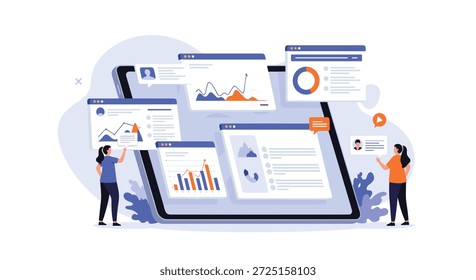 Two small people interacting with multiple data windows and analytic charts displayed on a giant mobile tablet.