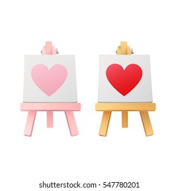 two small pink and wooden easels with pink and red hearts on canvas isolated on white background. vector illustration