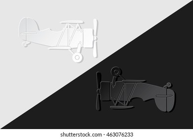 Two Small Retro Airplane Paper Cut Illusion Silhouettes Yin Yang Style Composition - Black and White Elements on the Same Colors Background - Gradient Graphic Style