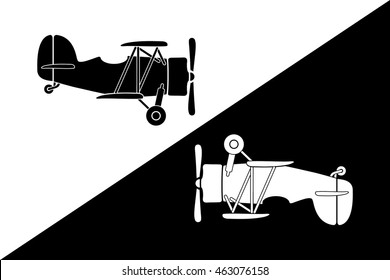 Two Small Retro Airplane Silhouettes Yin Yang Style Composition - Black and White Elements on Opposite Colors Background - Flat Graphic Style
