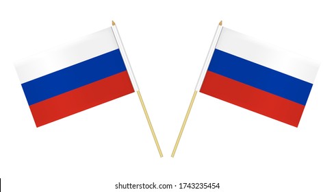 Two small Russian flags isolated on white background, vector illustration. Flag of Russia on pole.