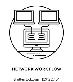 Two small screen attached via wire with a bi screen server making connection  and network, network workflow 