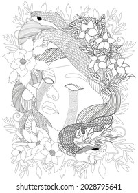 Two Small Snakes Wrapped Around Woman Head With Flowers Colorless Line Drawing  Lady With Vipers Surrounding Face With Petals Coloring Book Page 