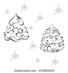 two small, snow-covered Christmas trees in black lines on a white background with asterisks