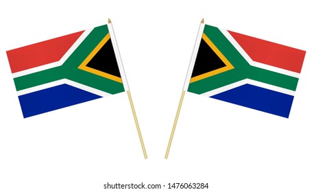 Two small South African flags isolated on white background, vector illustration. Flag of South Africa on pole.