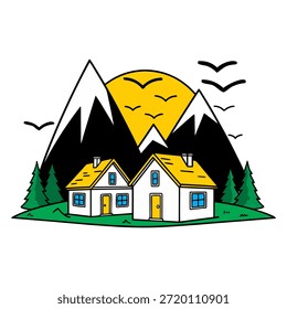 Duas pequenas casas estilizadas ficam em uma clareira herbácea com árvores verdes abaixo de imponentes montanhas cobertas de neve e um grande gráfico de sol amarelo com pássaros voadores.
