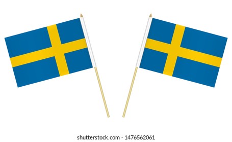 Two small Swedish flags isolated on white background, vector illustration. Flag of Sweden on pole.