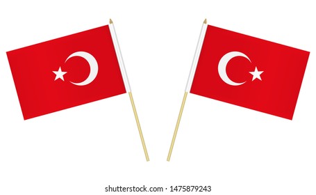 Two small Turkish flags isolated on white background, vector illustration. Republic of Turkey flag on pole.