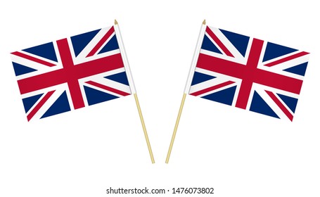 Two small United Kingdom flags isolated on white background, vector illustration. Flag of Great Britain on pole.