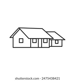 Two small village homes or houses together black and white flat icon design. Line drawing of 2 houses or huts. 