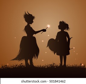 two small witches with wand and sparkls standing on grass, two small girl in witch dress, halloween for kids, vector