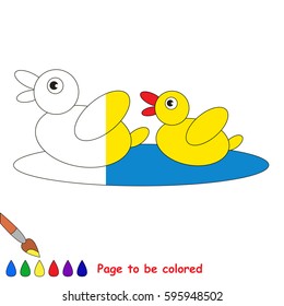 Two small yellow Ducks, the coloring book to educate preschool kids with easy gaming level, the kid educational game to color the colorless half by sample.