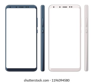 Two smart phones with blank screen. Phone without buttons. Dark blue and white case. Flat vector illustration isolated on white background.