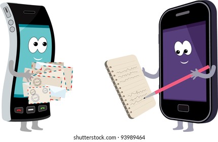 Two smart phones with envelopes and a notebook.  vector, no gradient, color full