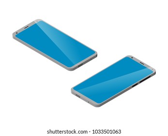two smart phones in isometry on different sides on white background