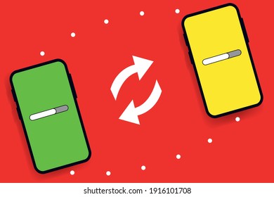 two smart phones transfer data to each other with a circular arrow in the middle and a black dot forming a circle indicates the file sending process is in progress and on a red background