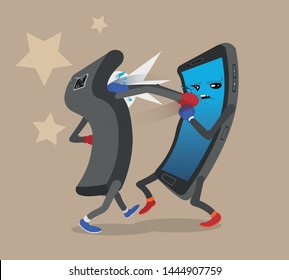 Two smartphone characters fighting with each other in boxing match.