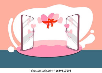 Two smartphone help in long distance relationship hand drawn. Conceptual art of lover who living difference places use internet technology closely love each other. Vector illustration with layers.