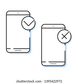 Two smartphone icons with check mark in simple line style. Outline cell phone vector for website and app. Agree and disagree symbols.