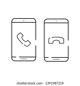Two smartphone icons with handset in simple line style. Incoming call. Outline cell phone vector for online shopping app.