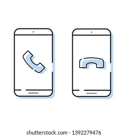Two smartphone icons with handset in simple line style. Incoming call. Outline cell phone vector for online shopping app.