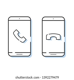 Two smartphone icons with handset in simple line style. Incoming call. Outline cell phone vector for online shopping app.