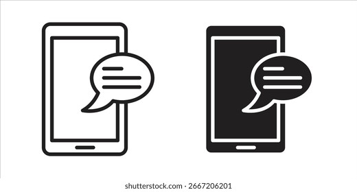 Dos iconos de smartphone, uno negro y otro blanco, cada uno mostrando una burbuja de mensaje. Diseño sencillo y limpio.